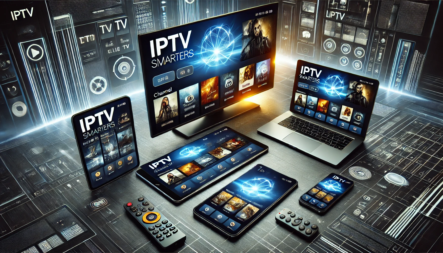 An IPTV Smarters interface displayed on a smart TV, laptop, tablet, and smartphone, showcasing a sleek channel guide, movie thumbnails, and live TV section in a modern digital environment.