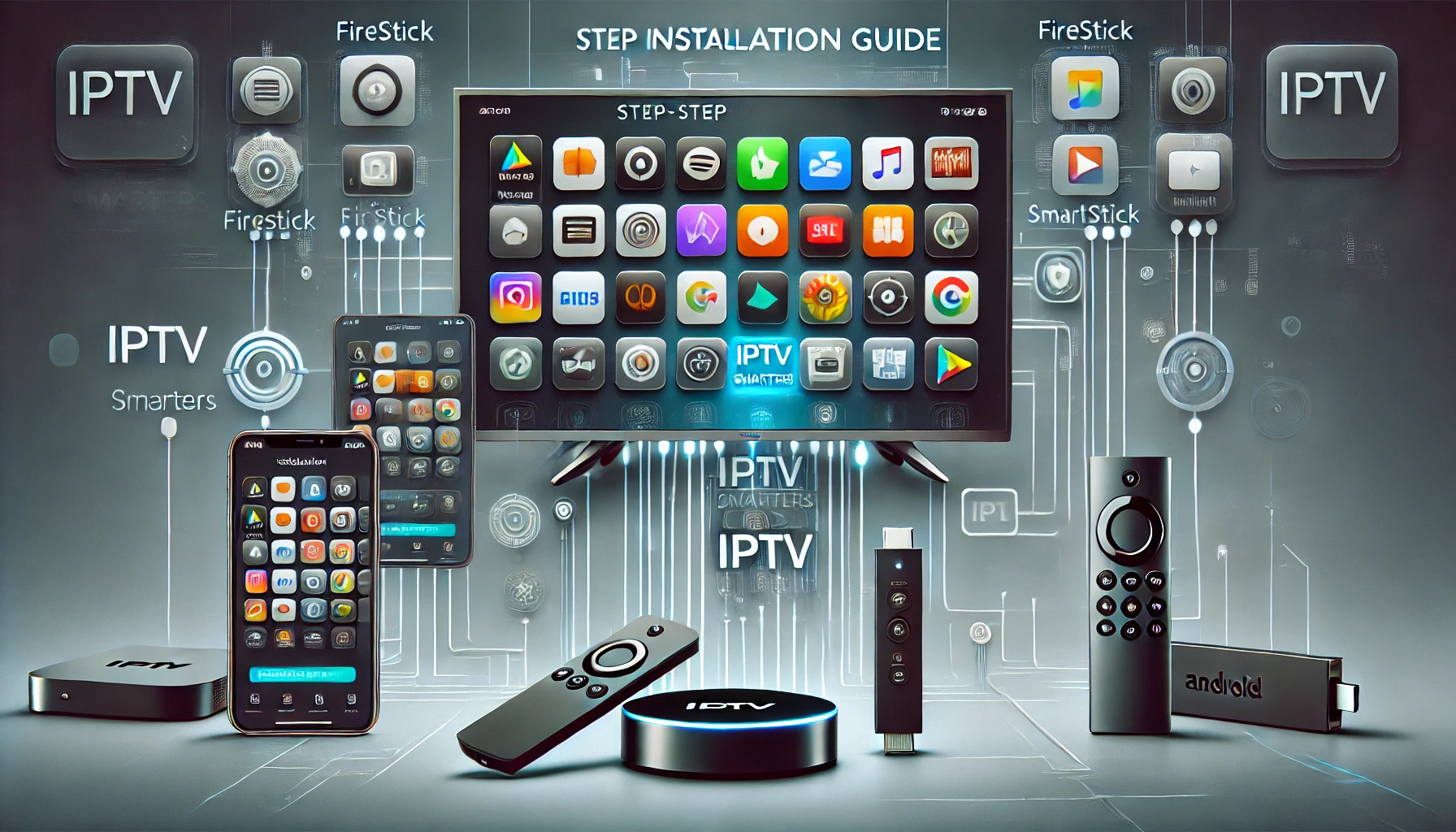 A step-by-step installation guide for IPTV Smarters on an Android smartphone, Firestick, Smart TV, and iPhone, featuring a modern digital interface with installation progress bars and streaming UI.