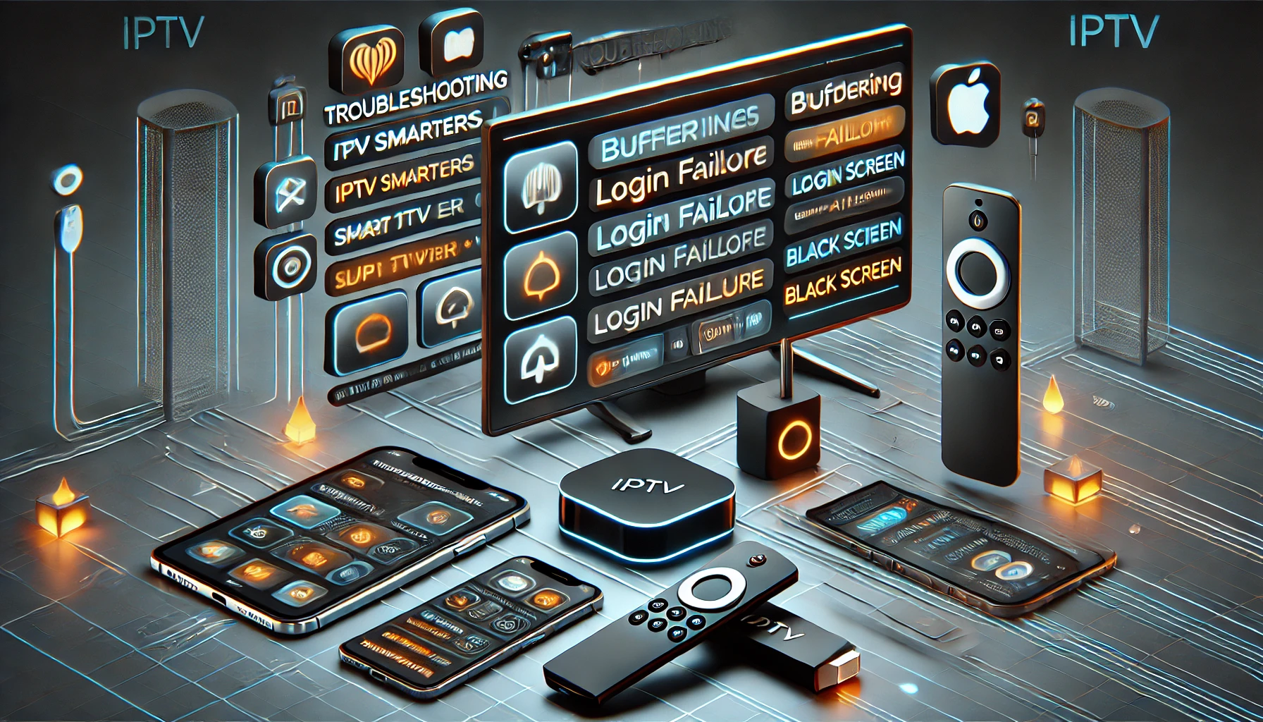 A troubleshooting guide for IPTVSmarters on multiple devices, showing error messages, buffering icons, login failure notifications, and a black screen issue, with a clean tech-themed design.