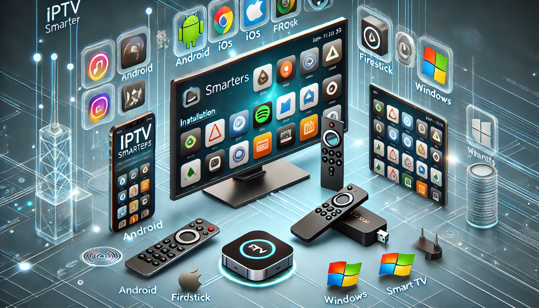 A step-by-step installation guide for IPTVSmarters on Android, iOS, Firestick, Windows, macOS, and Smart TVs, with a sleek digital interface and setup instructions.